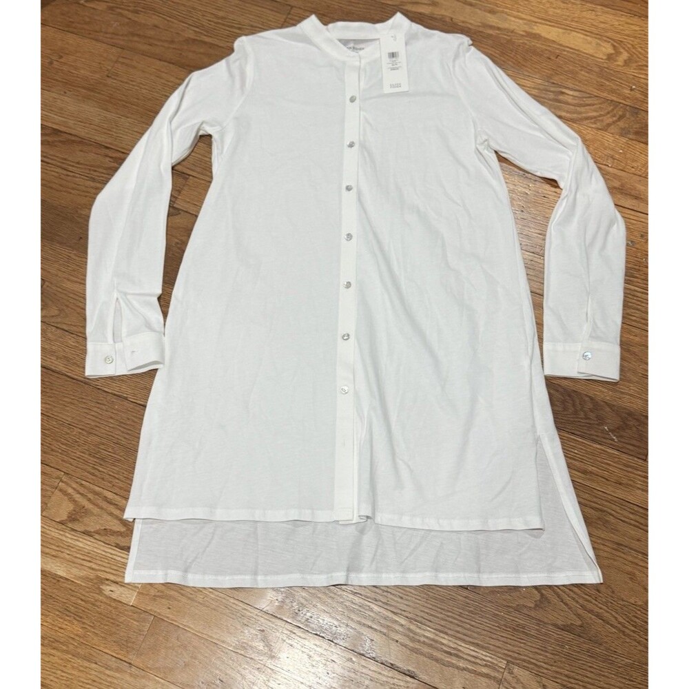 Eileen Fisher White Mandarin Collar Button Front Tunic Long Sleeve XS/TP